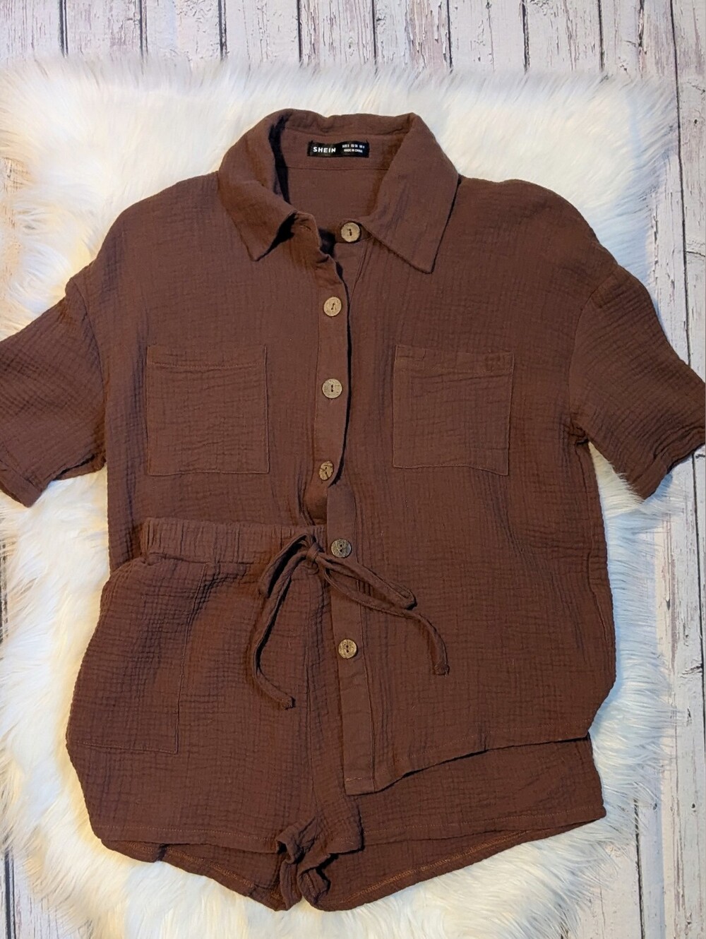 Shein Brown Button-Front Relaxed Shirt & Shorts Set